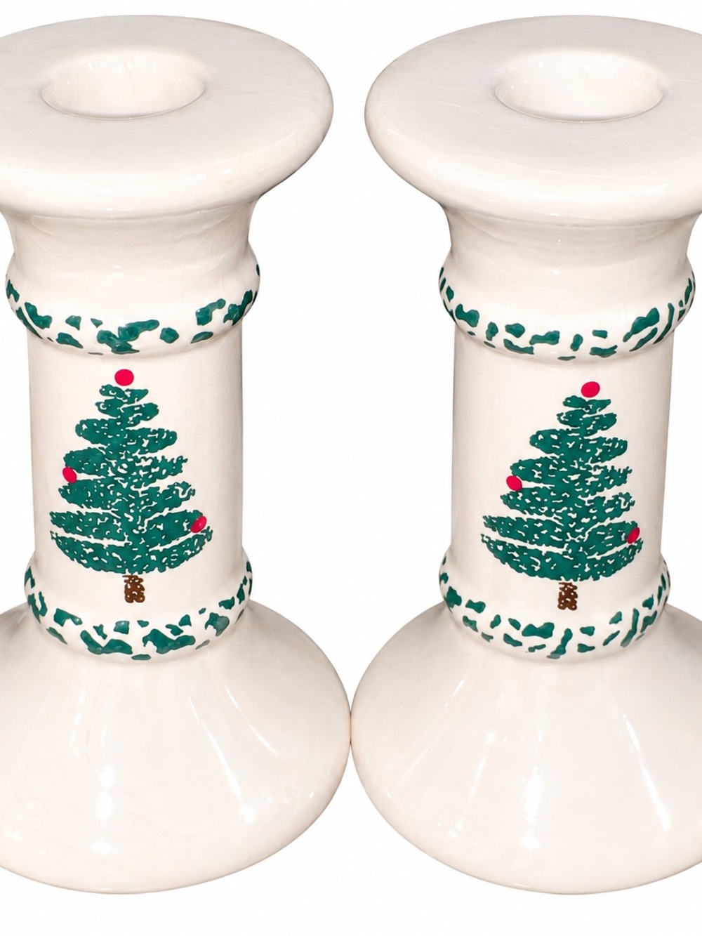 Holiday Ceramic Candlestick Pair with Green Christmas Tree Design